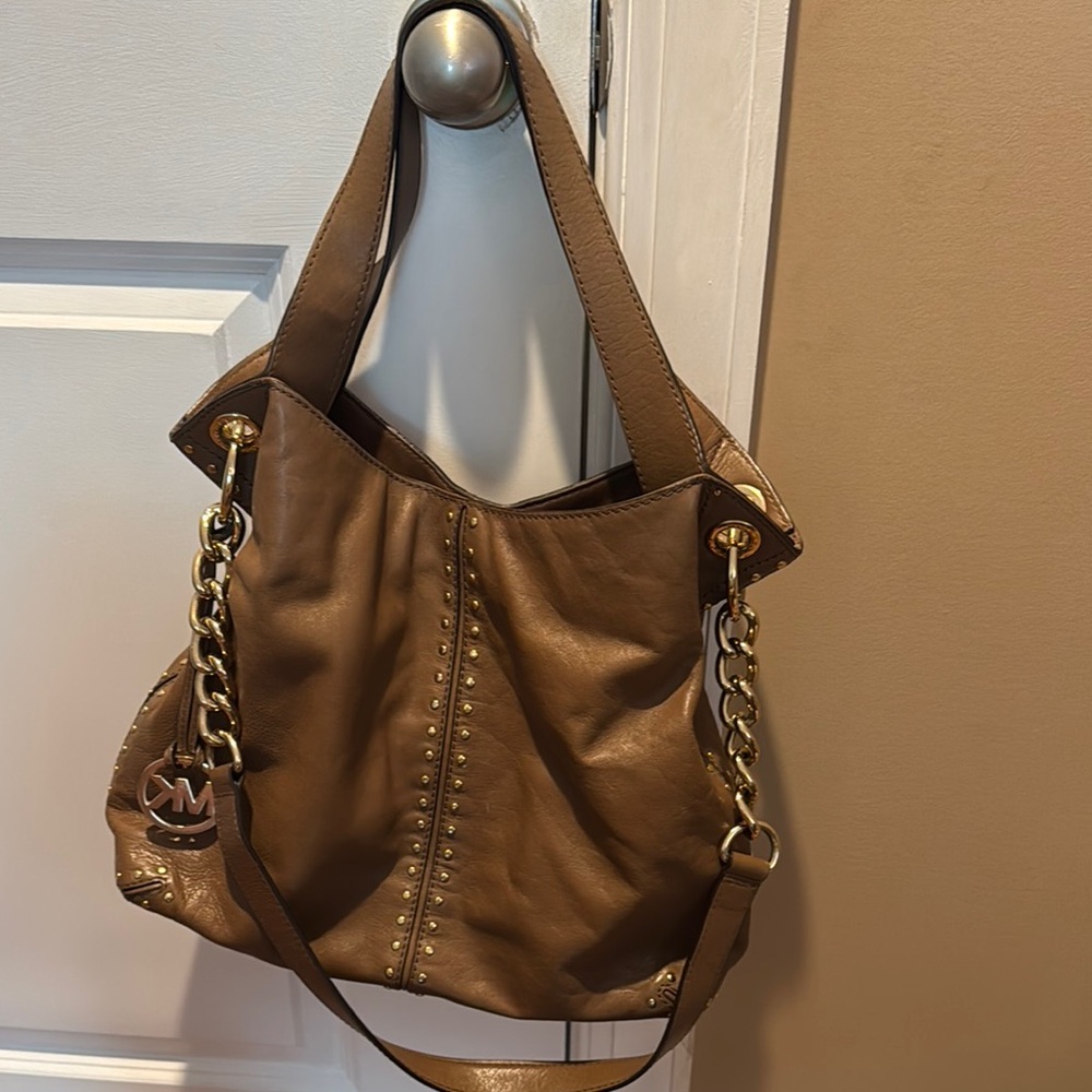 Michael Kors Brown and Gold Shoulder Bag with Chain-Link Detail